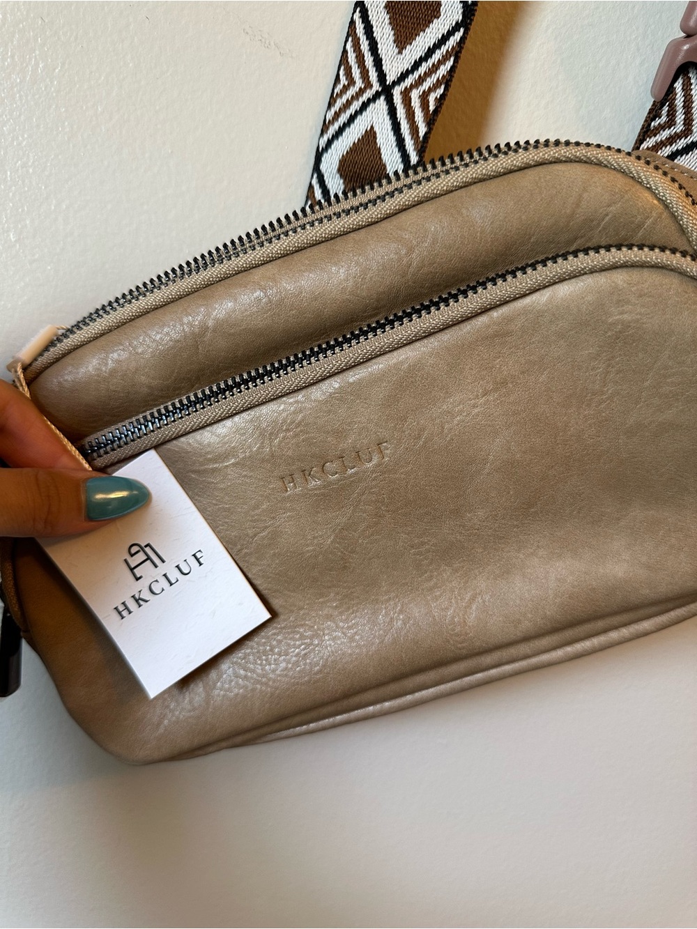 Unk HKCLUF Taupe Crossbody Bag with Patterned Strap